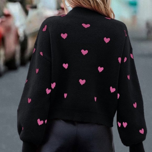 Black Casual Womens Heart Pattern Mock Neck Drop Shoulder Sweater - Picture 3 of 5